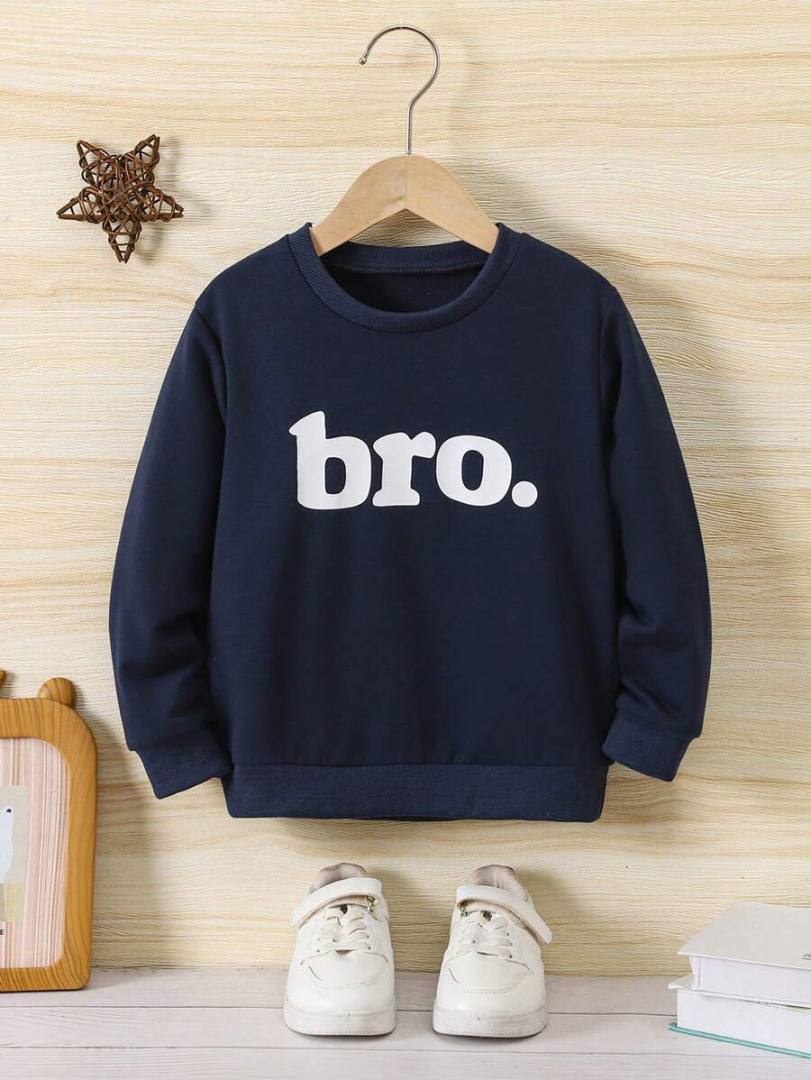 SHEIN Genkimix Kids Young Boy All-Match Letter & Brother Print Round Neck Long Sleeve Sweatshirt, Fall/Winter - Navy Blue - View 1