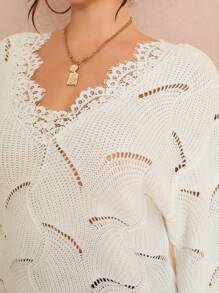 SHEIN Unity Plus Size Women's V-Neck Long Sleeve Contrast Lace Pullover Sweater, Autumn/Winter Knit Pullover Fall - White - View 4