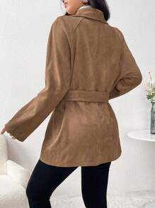 Modelyn Chaqueta elegante de manga larga con solapa decorada con botón de metal de unicolor, regular, para otoño/invierno - Caqui - Ver 4