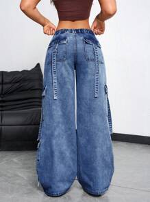 SHEIN EZwear 女式宽松褶皱口袋阔腿休闲牛仔裤 - 淺色水洗藍 - 查看 2