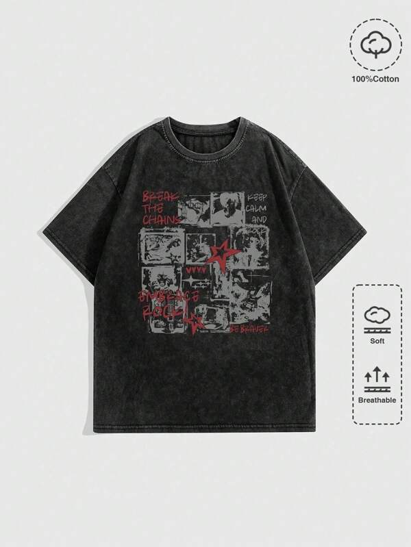 ROMWE MEN Grunge Punk Tricou cu slogan pentru bărbați, școală