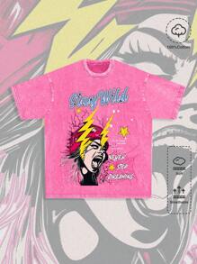 ROMWE MEN Street Life Men's High Street Vintage Acid-Washed Distressed Round Neck T-Shirt Suitable For Casual Daily Spring And Summer Season - Hot Pink - View 1