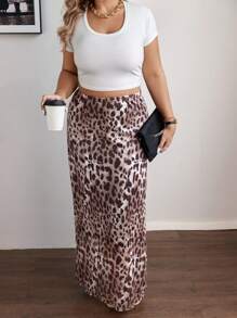 Flirla 大码女式简约豹纹半身裙，适合日常穿着，超长女装