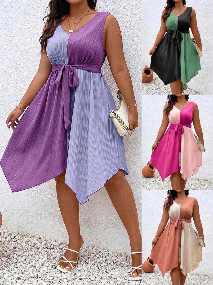 Celure Plus Size Women's Summer Contrast Color V-Neck Knotted Waist Asymmetric Hem Sleeveless Dress - Multicolor - View 1