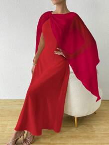 SHEIN ChicEase Đầm dài voan bóng cổ tròn tay lửng trơn - Đỏ - Xem 5