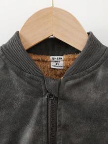 SHEIN Young Boys Casual Tie-Dye PU Baseball Collar Fluffy Lined Jacket, Fashionable And Versatile, Suitable For Everyday Outings In Autumn And Winter - Grey - View 3