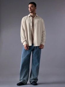 Mainfolk 男士编织休闲日常年轻宽松纯色长袖补丁衬衫 - 杏色 - 查看 4