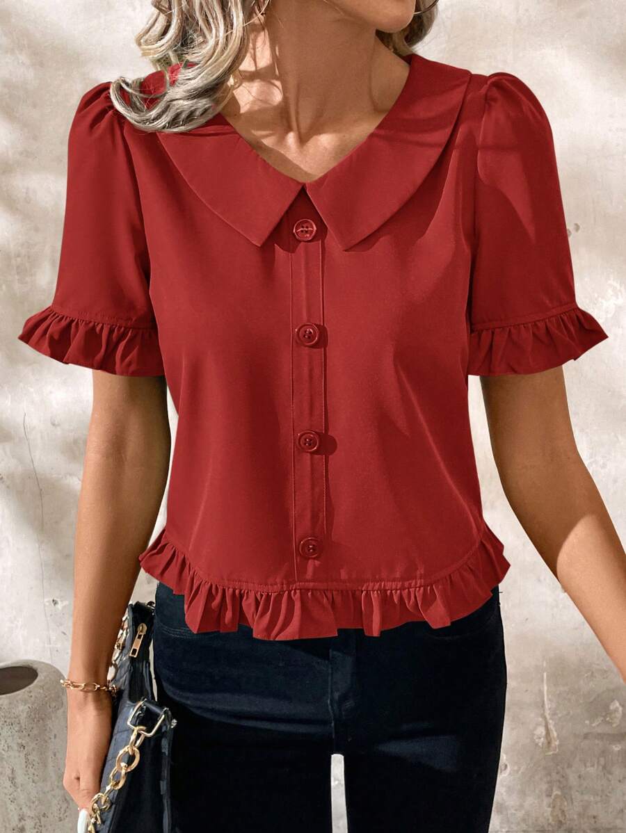 SHEIN Clasi Áo cánh nữ thanh lịch cổ chữ V viền bèo nhún - Đỏ - Xem 1