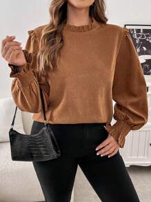 CosyJoli 大码女式休闲纯色衬衫，秋冬 - 棕色 - 查看 8