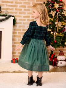 Young Girl Plaid Print Square Neck Long Sleeve Dress - Dark Green - View 2