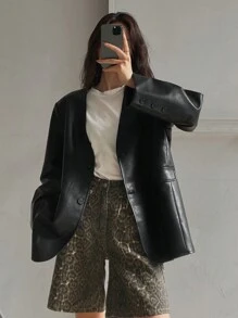 DAZY Women's Loose Fit PU Moto Jacket Leather Jacket - Black - View 5