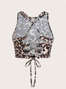SHEIN EZwear 女士方领和方领短款上衣和全长紧身裤套装，时尚豹纹针织连体裤 - 卡其色 - 查看 3