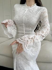 Feyla 女士纯色蕾丝边长款休闲连衣裙长款晚礼服 - 白色 - 查看 3