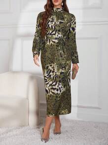 Modelyn 1st Groene Folie Zebra Print Gerimpelde Jurk Met Riem