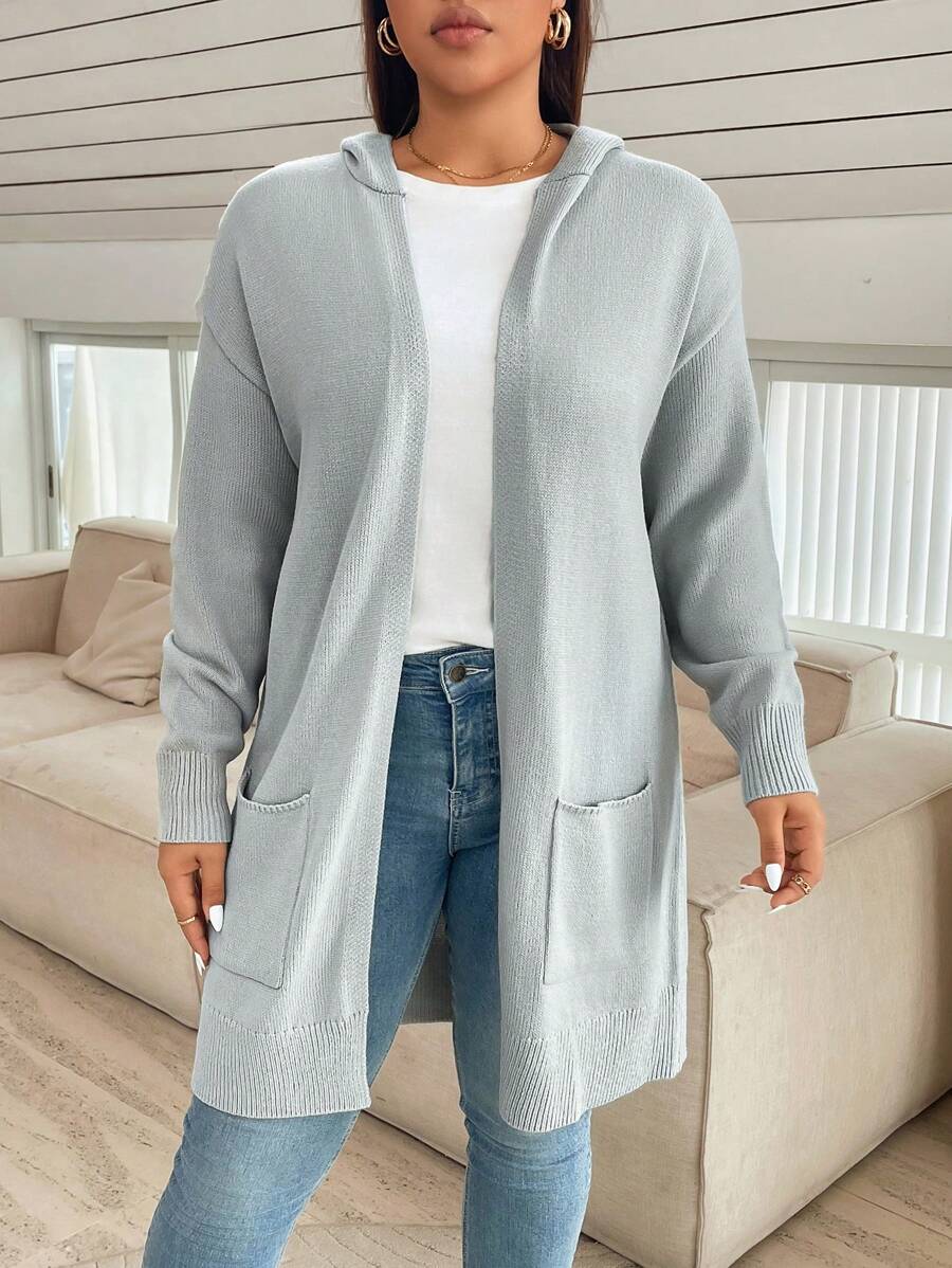 SHEIN Essnce Áo khoác cardigan dài màu xám có mũ trùm đầu cỡ lớn dành cho nữ có túi, giản dị và thời trang - Xám - Xem 1