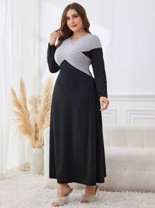 Modelyn Plus Size Women's Colorblock V-Neck Long Casual Dress, Spring Autumn - Multicolor - View 4