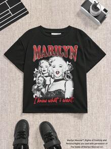Marilyn Monroe X SHEIN Young Girl 1pc Black Casual Versatile English Letter & Figure Print Crew Neck Short Sleeve T-Shirt