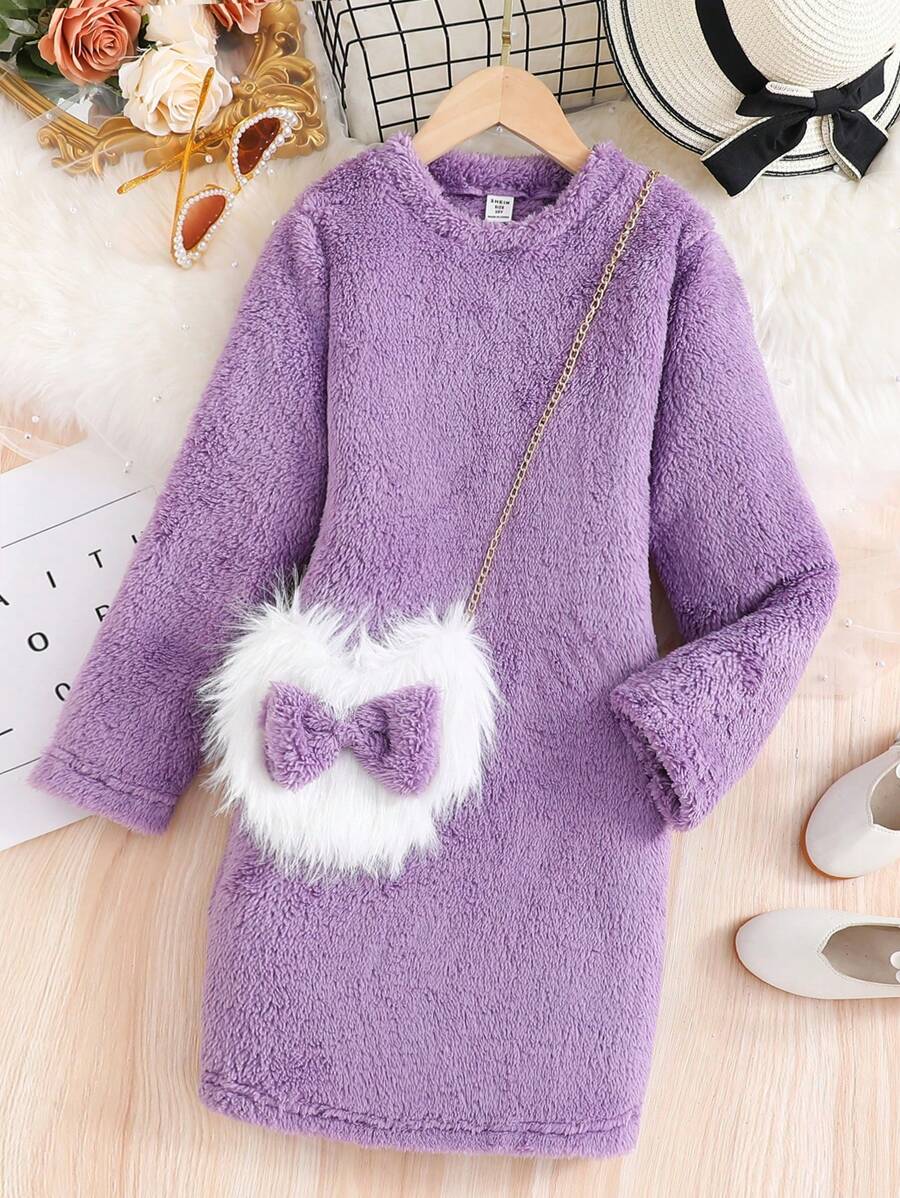 SHEIN Váy midi dài tay bằng vải nhung thường ngày cho bé gái tuổi teen và túi xách bằng vải nhung có nơ xích kim loại thời trang, mùa thu đông - Màu tím - Xem 1