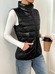SHEIN EZwear Women's Solid Color Stand Collar Zip-Up Casual Down&Feathers Vest Jacket, Winter