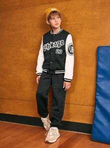 SHEIN 2pcs Tween Boy College Style Casual Letter Print Baseball Jacket And Pants Set