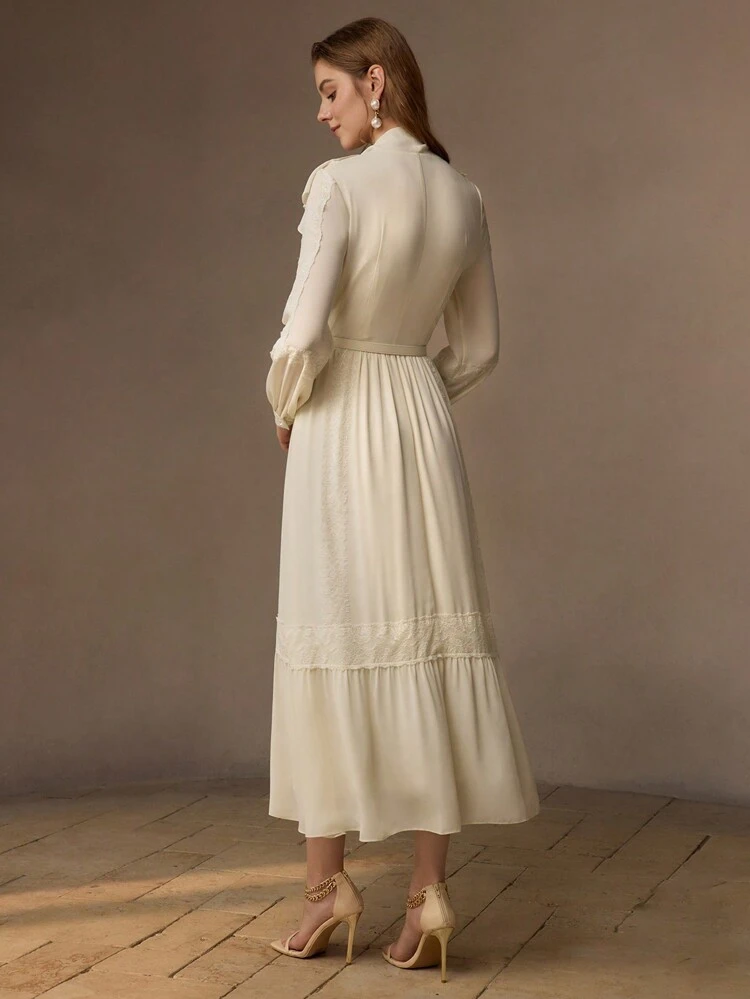WOMEN TIE FRONT RUFFLE HEM DRESS