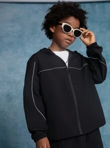 SHEIN Jachetă sport casual Tween Boy de culoare uni cu glugă