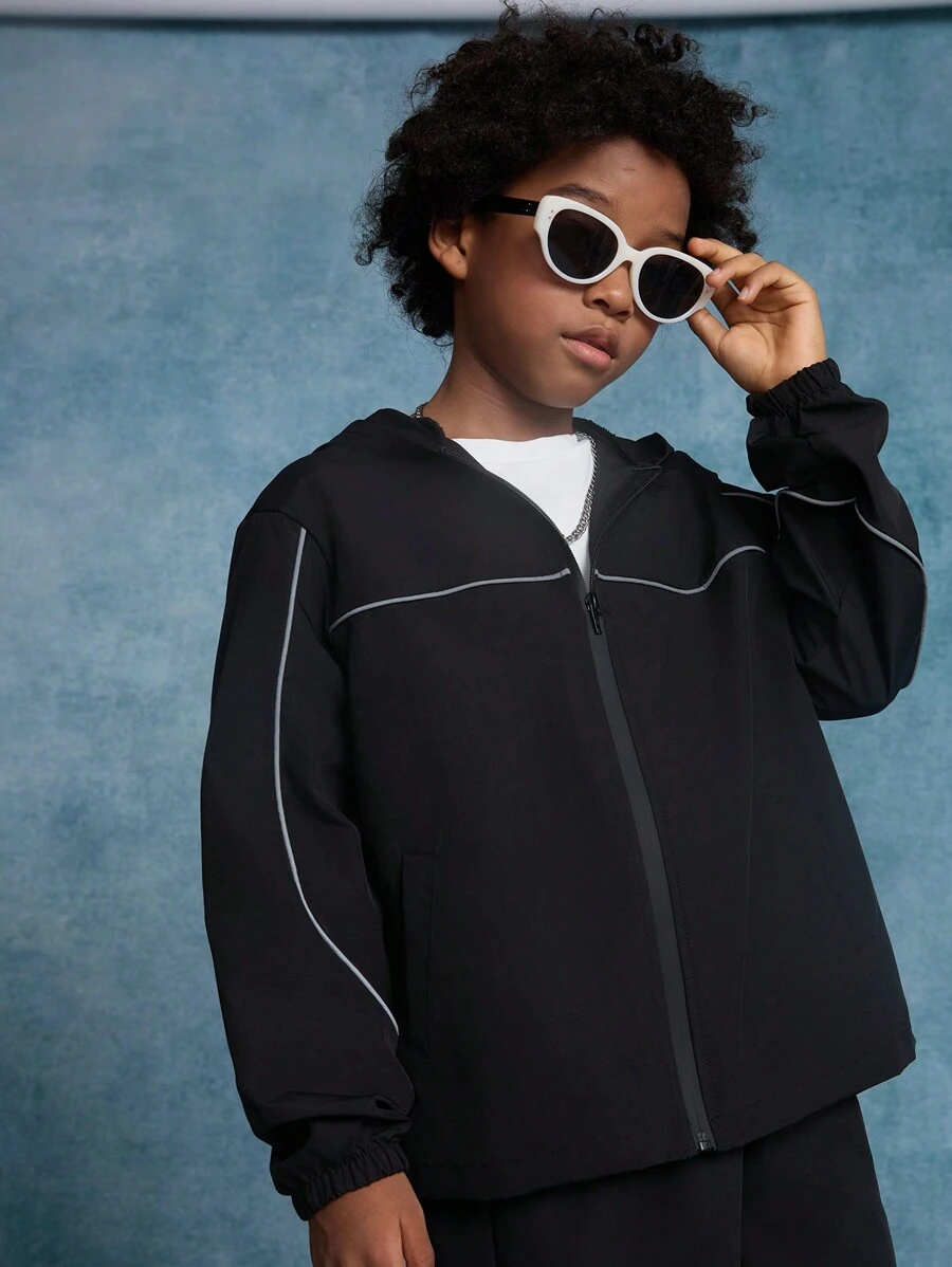 SHEIN Jachetă sport casual Tween Boy de culoare uni cu glugă