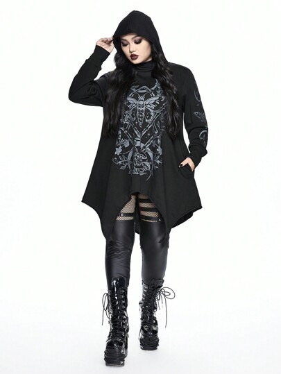 Goth Sweat-shirt à capuche asymétrique avec poches, style gothique, tailles grandes pour femmes