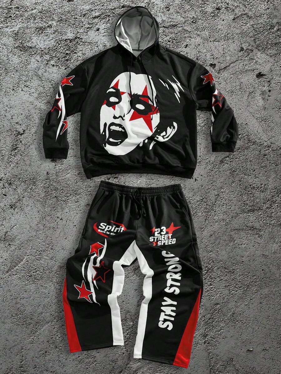 Manfinity Roughcore 2pcs Plus Size Men Portrait Printed Hoodie Sweatshirt And Letter Graphic Drawstring Sweatpants Casual Set - Black - View 1