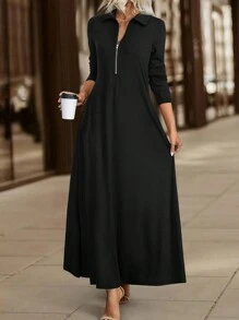 EMERY ROSE Women's Autumn Long Sleeve Dress With Turnover Collar Maxi Women Outfit Fall Cloth For Women - Black - View 3