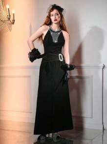 The Great Gatsby x MOTF RHINESTONE BUCKLE WAIST MAXI SKIRT - Black - View 6