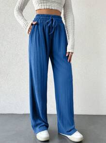 EURMUSE Women Casual Drawstring Waist Wide Leg Design Pants - Blue - View 3