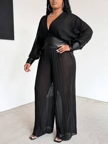 Maweii Plus Size Women PU Patchwork Casual Pleated Batwing Sleeve Top & Wide Leg Pants Set - Black - View 5