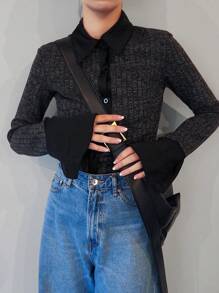 FRIFUL Women's Spring Autumn Ribbed Long Sleeve Buttoned Form-Fitting Contrast Color T-Shirt