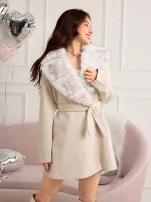 SHEIN 2024 Autumn Winter Teen Girls Luxury Elegant Fluffy Collar Coat Jacket