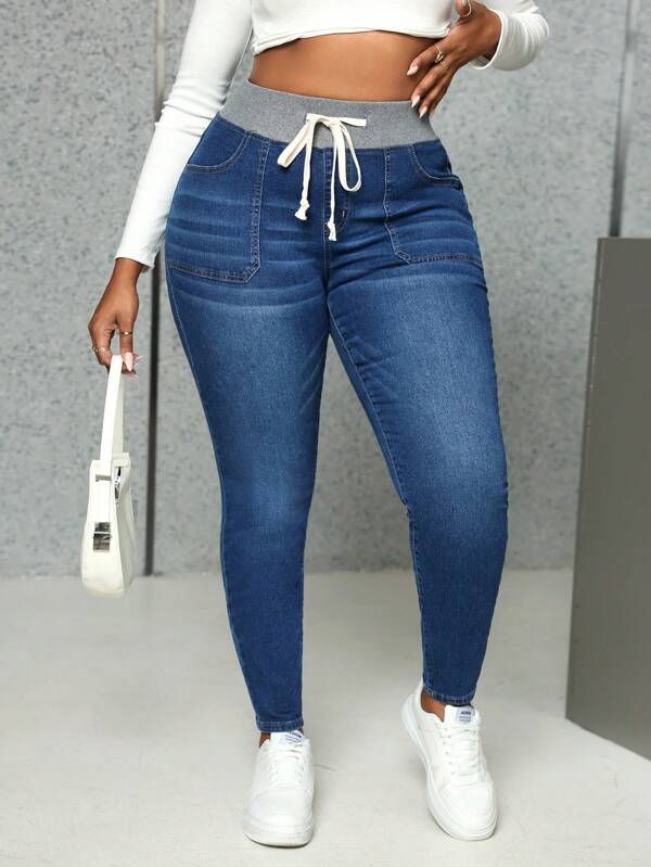 SHEIN SXY Plus Size Stretchy Waist Skinny Fit Blue Jeans, Fall Women Clothes