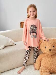 SHEIN 2pcs Young Girl Lovely Cartoon Print Round Neck Dropped Shoulder Long Sleeve T-Shirt And Leopard Print Integrated Casual Long Pants Sleepwear Set - Multicolor - View 5