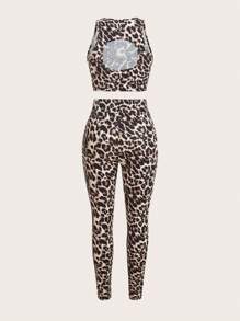 SHEIN EZwear 女士方领和方领短款上衣和全长紧身裤套装，时尚豹纹针织连体裤 - 卡其色 - 查看 8