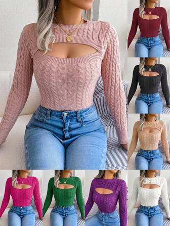 女士休闲镂空长袖针织套头衫，秋冬，长袖上衣