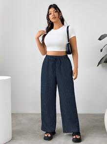 SHEIN EZwear 大码休闲条纹前系带口袋简约宽松长裤 - 藍色 - 查看 7
