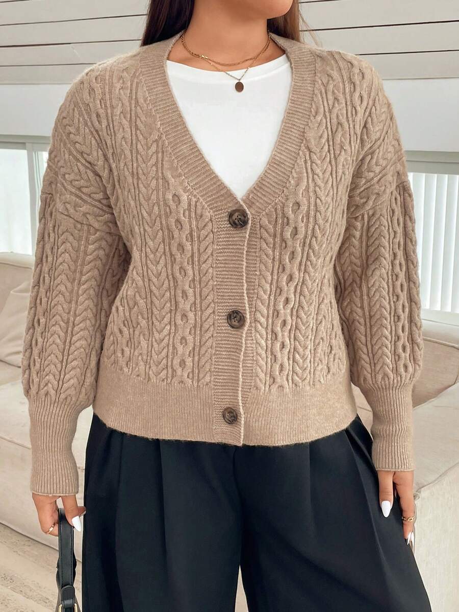 SHEIN Essnce 大码女式针织休闲开衫,温暖舒适 - 卡其色 - 查看 1