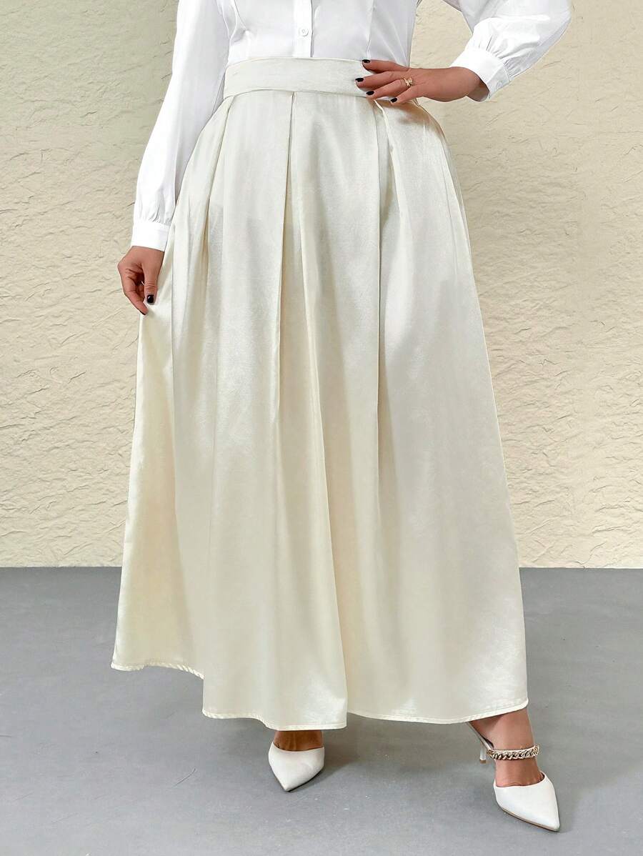 SHEIN Privé Saia longa plissada em linha A de cintura alta e cetim preto de Plus Size com bolsos, cintura elástica, regresso às aulas no outono - Damasco - Visão 1