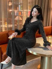 DAZY 女士纯色V领长款亮片拼接蓬松长袖A字中长连衣裙，秋季保暖内衬连衣裙 - 黑色 - 查看 6
