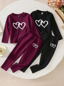 SHEIN 2 件女童心形纯色印花圆领长袖上衣和休闲裤套装，春秋 - 彩色 - 查看 7