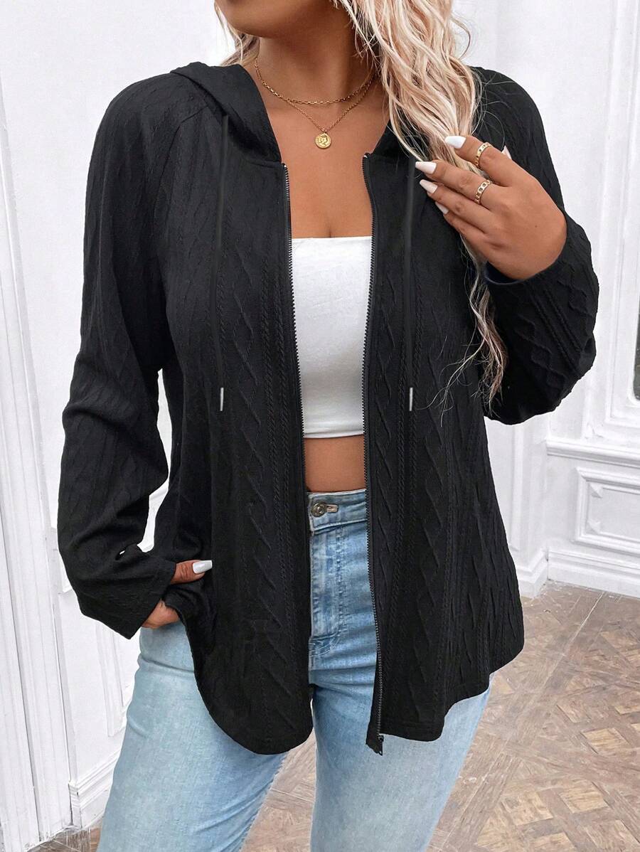 SHEIN LUNE Plus Size Women Simple Solid Color Hooded Long Sleeve Jacket - Black - View 1