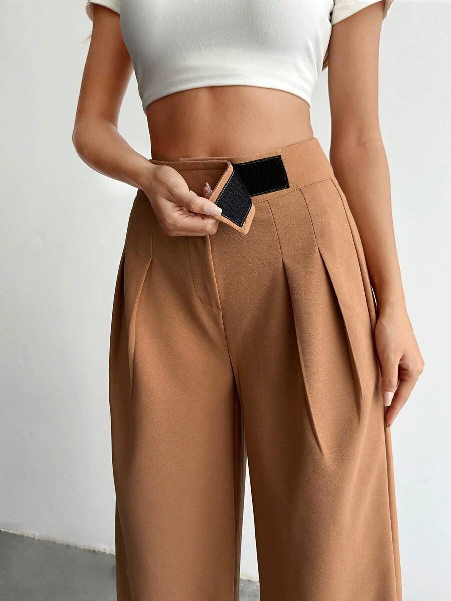 SHEIN PETITE 小码女式纯棉高腰褶饰直筒裤 - 米色 - 查看 1