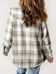 ASVIVID Plaid Print Flap Pocket Hooded Coat - Grey - View 3