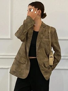 DAZY Blazer holgado de mujer con cuello vuelto y hombros acolchados, de manga larga, con estampado floral teñido anudado