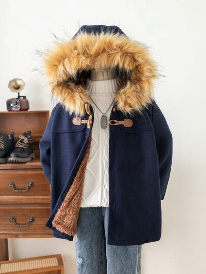 SHEIN 1 pieza Abrigo con capucha tipo parka azul marino con forro de felpa y botones de cuerno, estilo básico y casual para niños pequeños, adecuado para ir y venir, la escuela, uso diario casual, jardín de infantes, regreso a clases, uniforme escolar, atuendos de niño pequeño para otoño e invierno