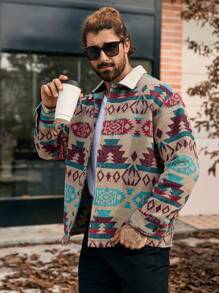 Manfinity Homme Men's Full Print Front Zip Up Casual Jacket, Long Sleeve,Winter Men Jacket,Fall Men Clothes,Men's Casual Elements Jacket - Multicolor - View 6